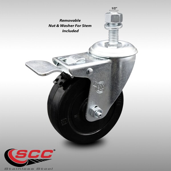 4 Inch SS Soft Rubber 1/2 Inch Threaded Stem Caster with Total Lock Brake SCC